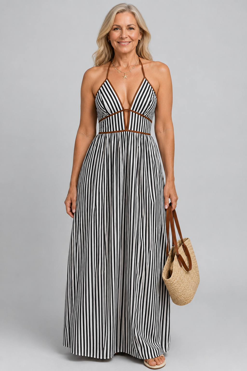 Long striped dress with cut-out neckline