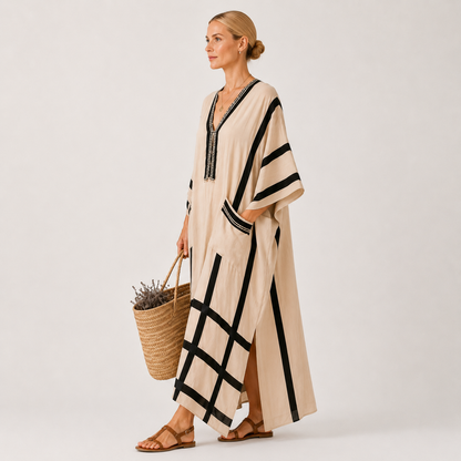 Salma | Beige and Black Striped Kaftan