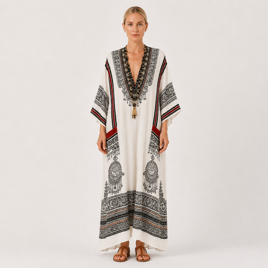 Clara | White Ethnic Print Kaftan