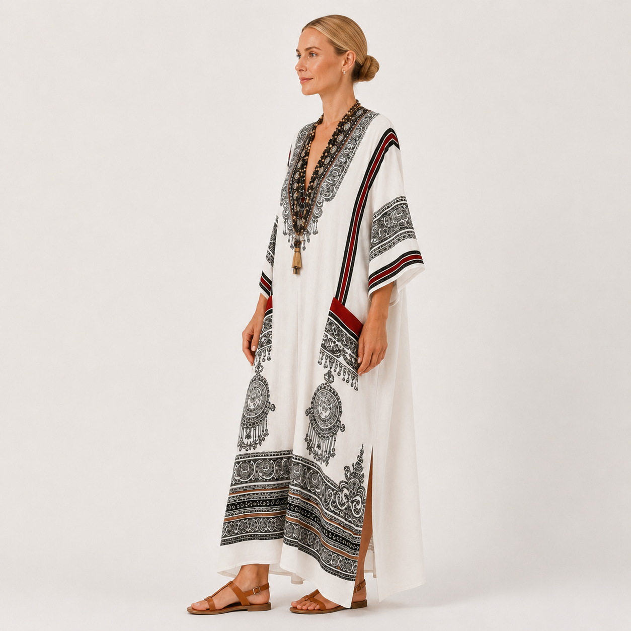 Clara | White Ethnic Print Kaftan