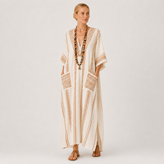 Dalia | Beige Ethnic Print Kaftan