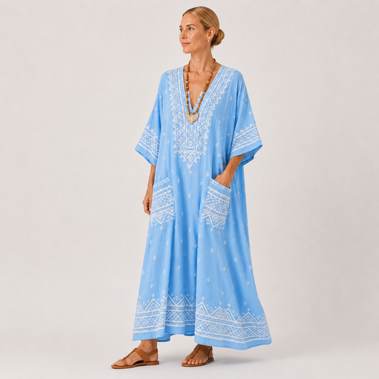 Lina | Sky Blue Ethnic Print Kaftan