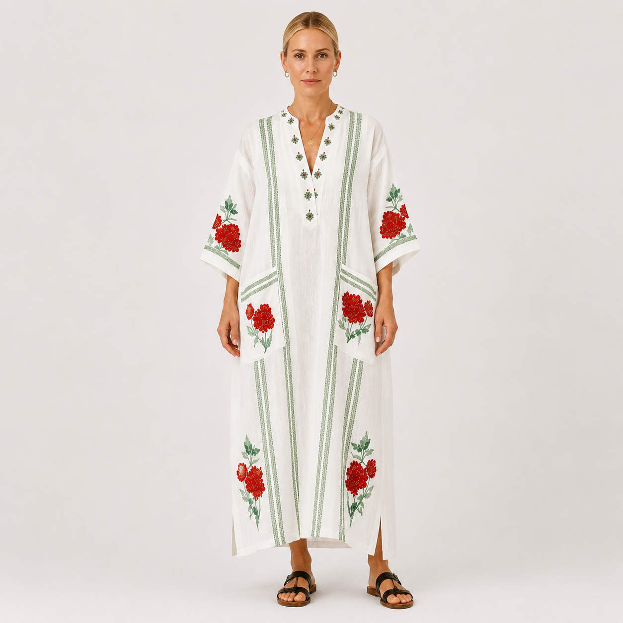 Elena | White Rose Print Kaftan