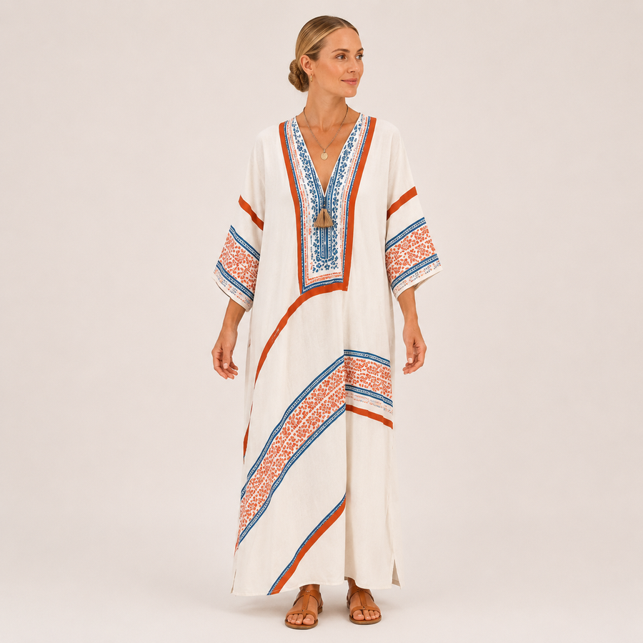 Amira | White Ethnic Print Kaftan