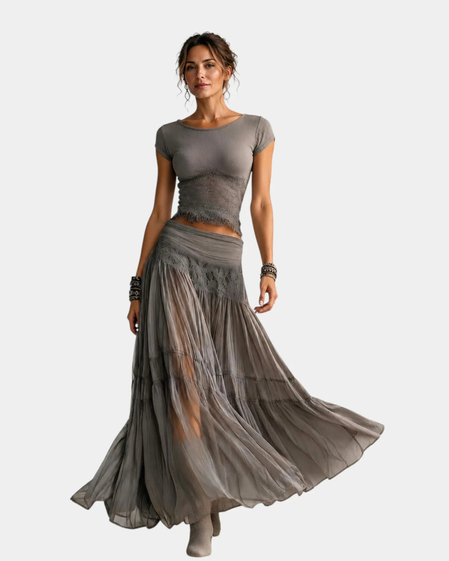 Emeline | Lace Top & Pleated Maxi Skirt Set - women's set