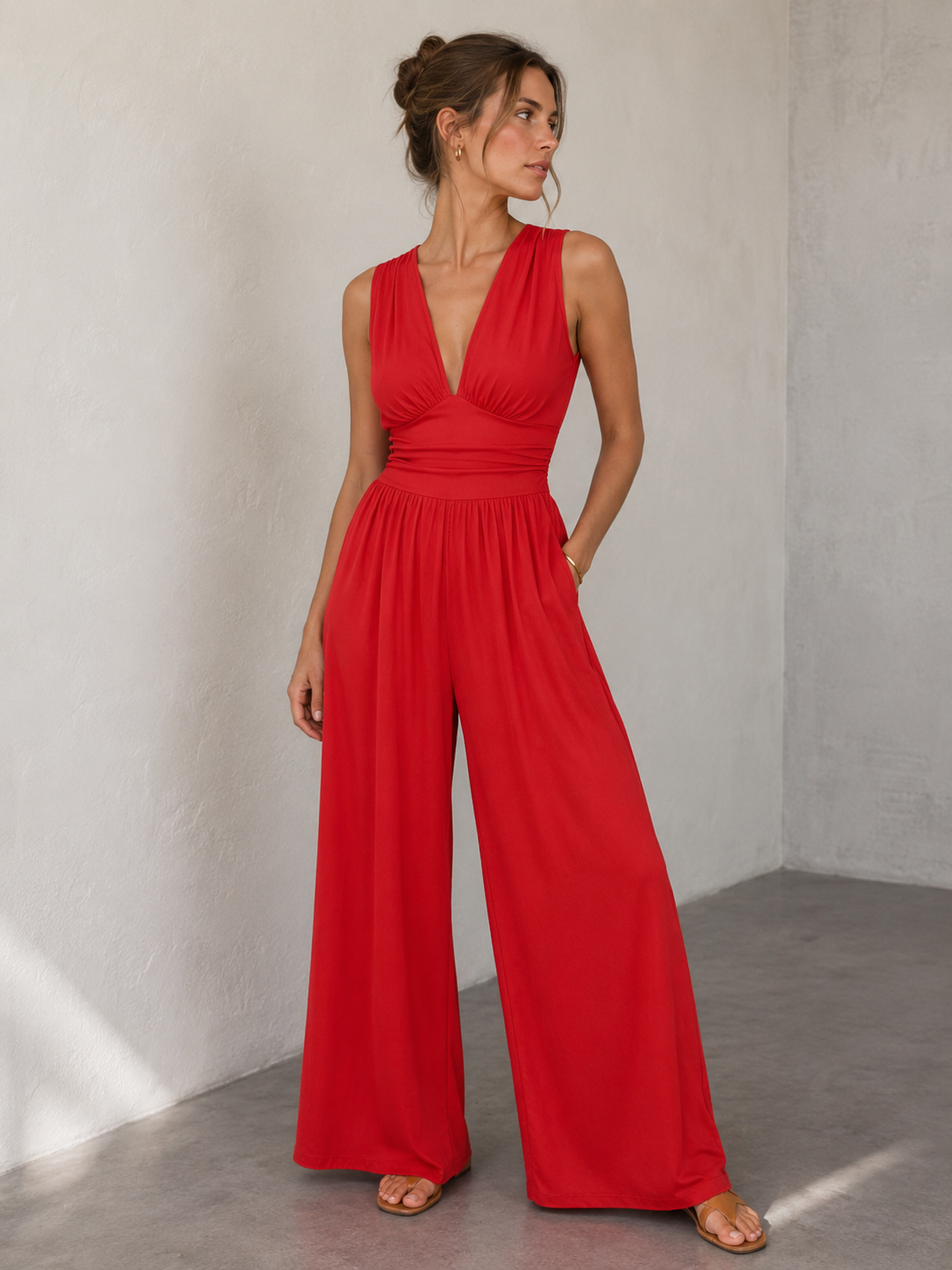 Ingrid | Elegant V-Neck Jumpsuit with Wide Legs