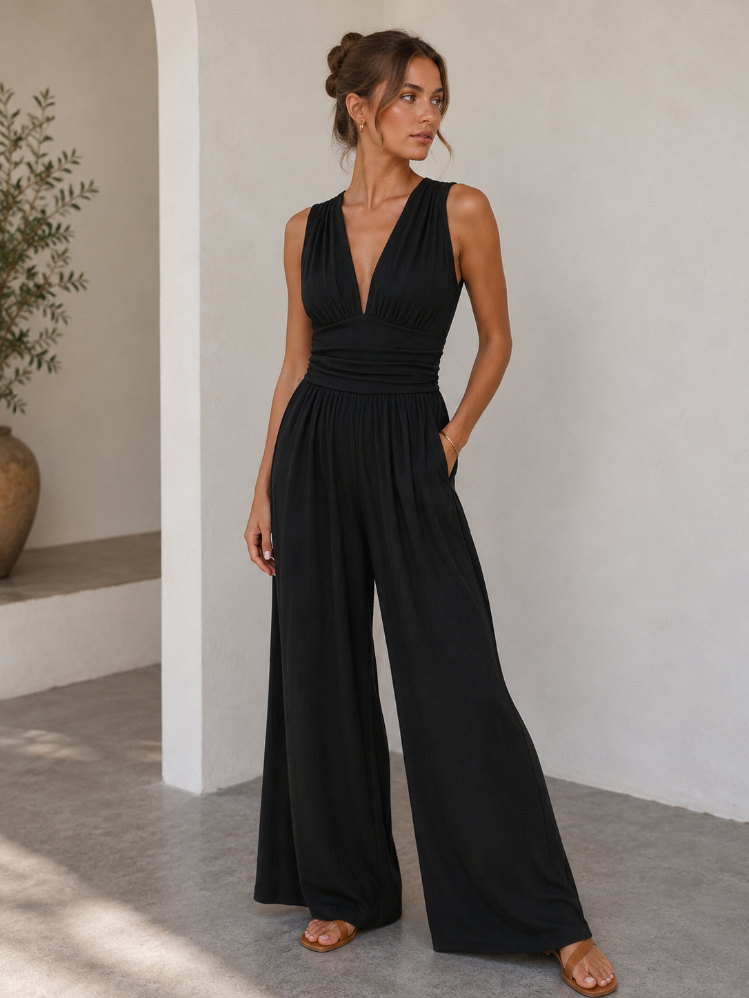 Ingrid | Elegant V-Neck Jumpsuit with Wide Legs
