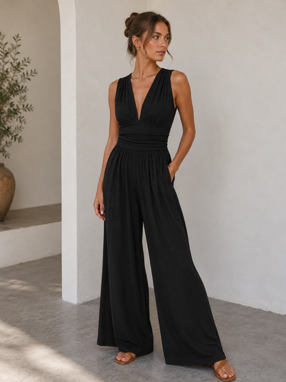 Ingrid | Elegant V-Neck Jumpsuit with Wide Legs