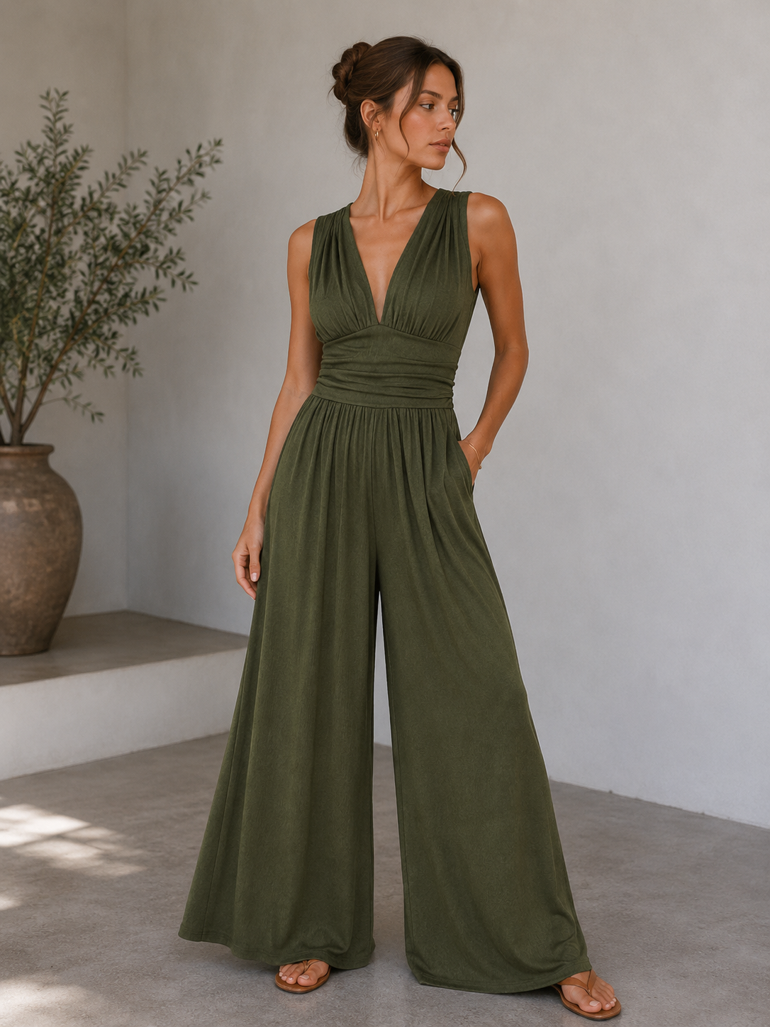 Ingrid | Elegant V-Neck Jumpsuit with Wide Legs