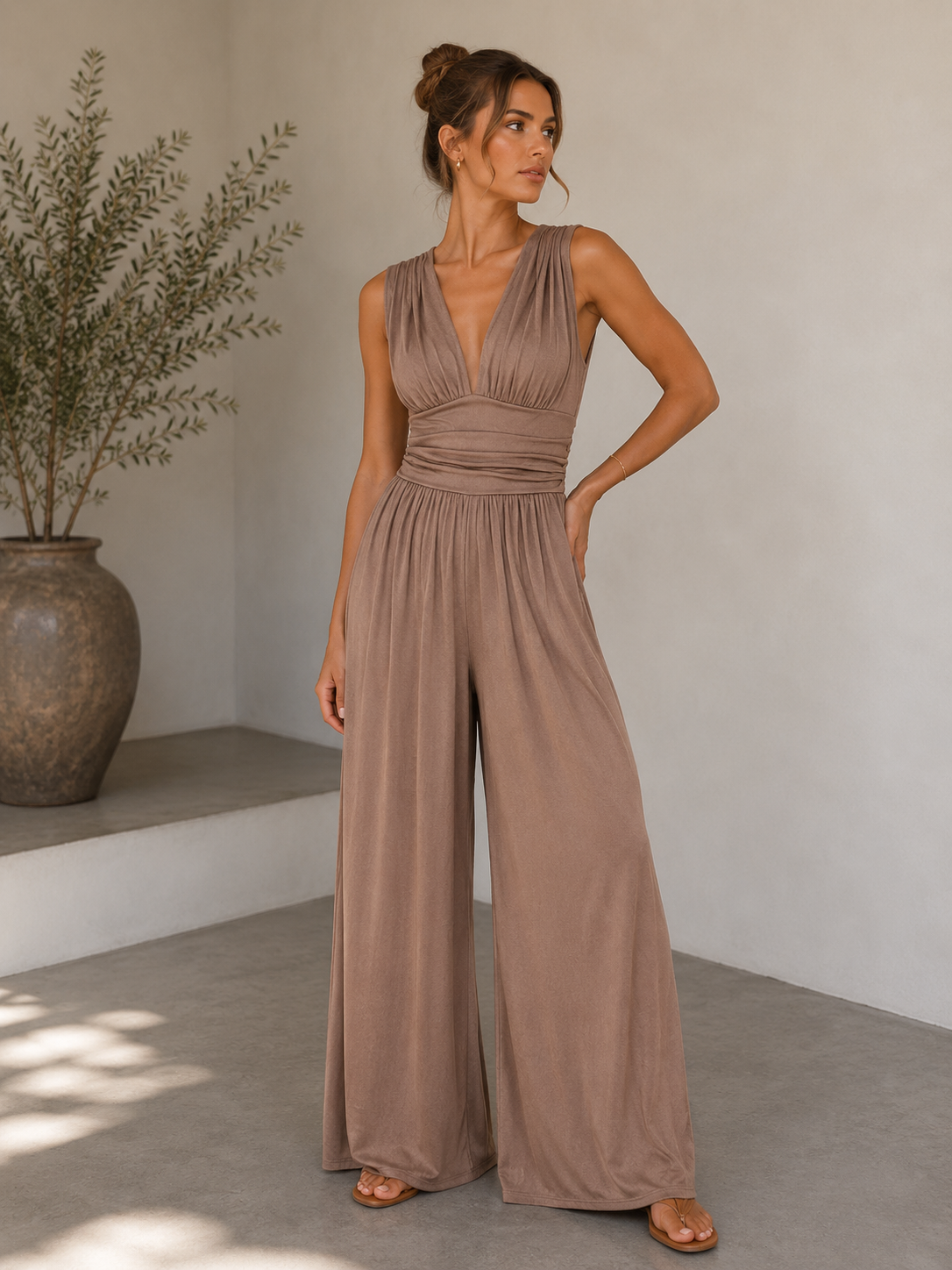 Ingrid | Elegant V-Neck Jumpsuit with Wide Legs