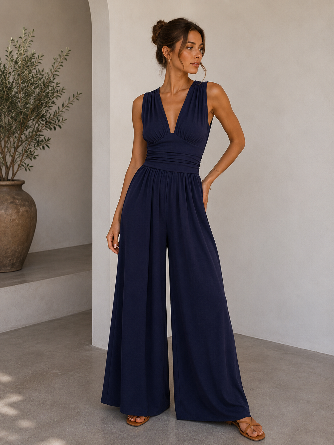Ingrid | Elegant V-Neck Jumpsuit with Wide Legs