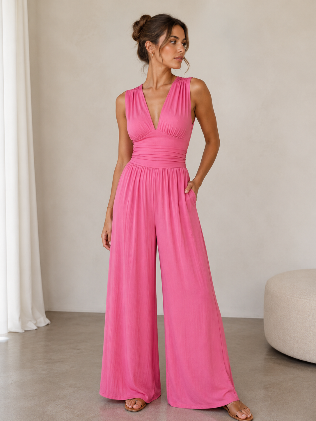 Ingrid | Elegant V-Neck Jumpsuit with Wide Legs