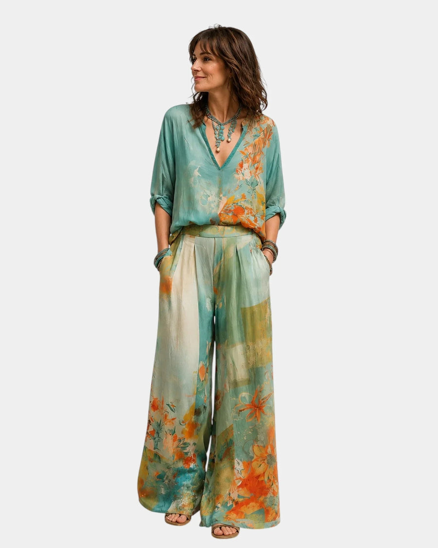 Célidora | Elegant Floral Wide-Leg Pants Set - women's set