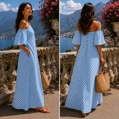 Carla | Striped Asymmetrical-Neckline Maxi Dress