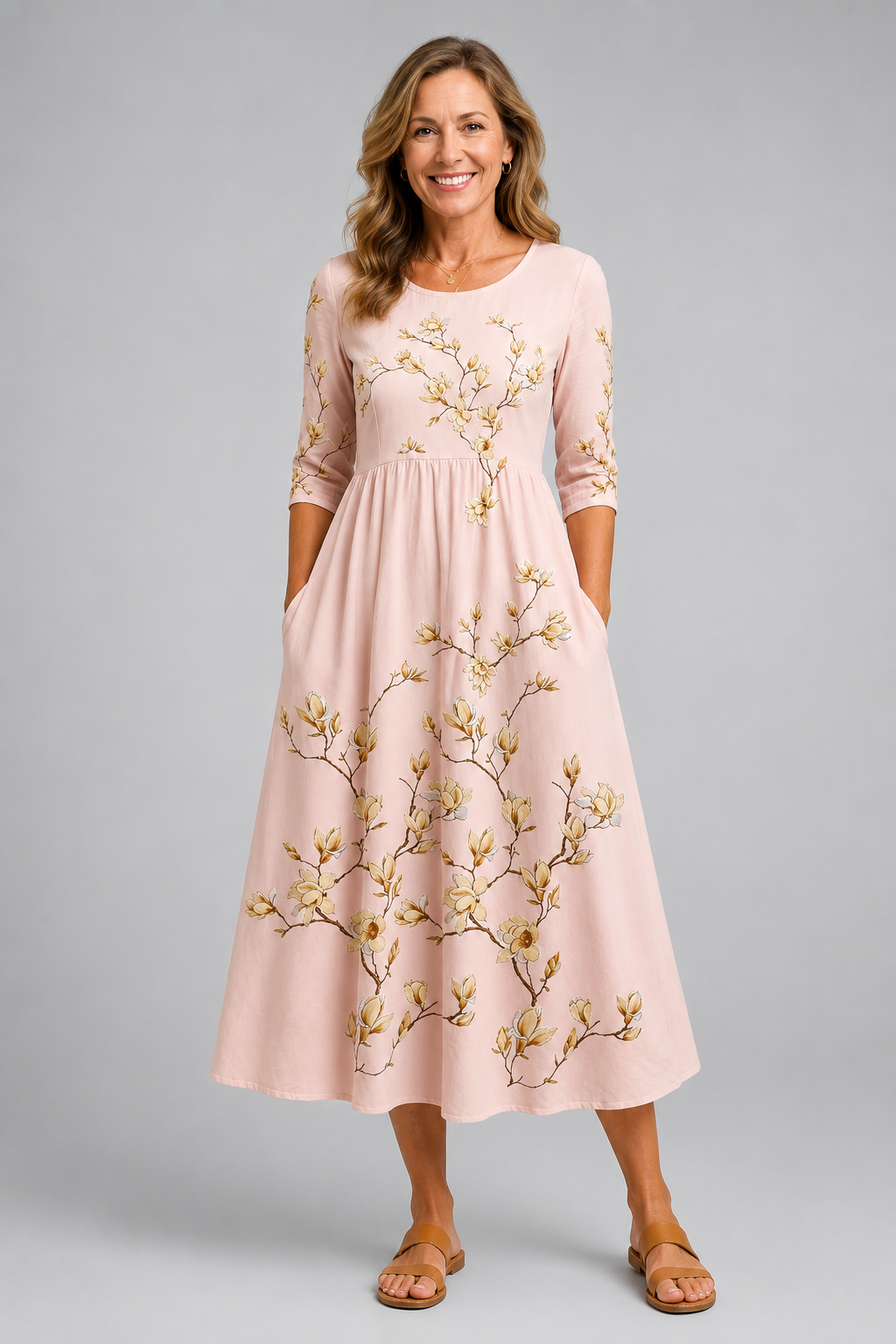 Golden Magnolia Bloom Pocket Midi Dress