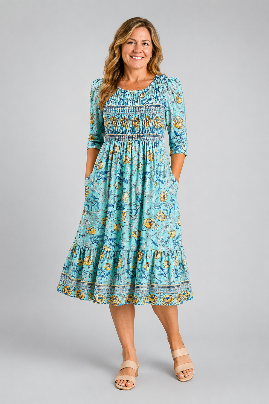 Golden Bloom Smocked Garden Midi Dress
