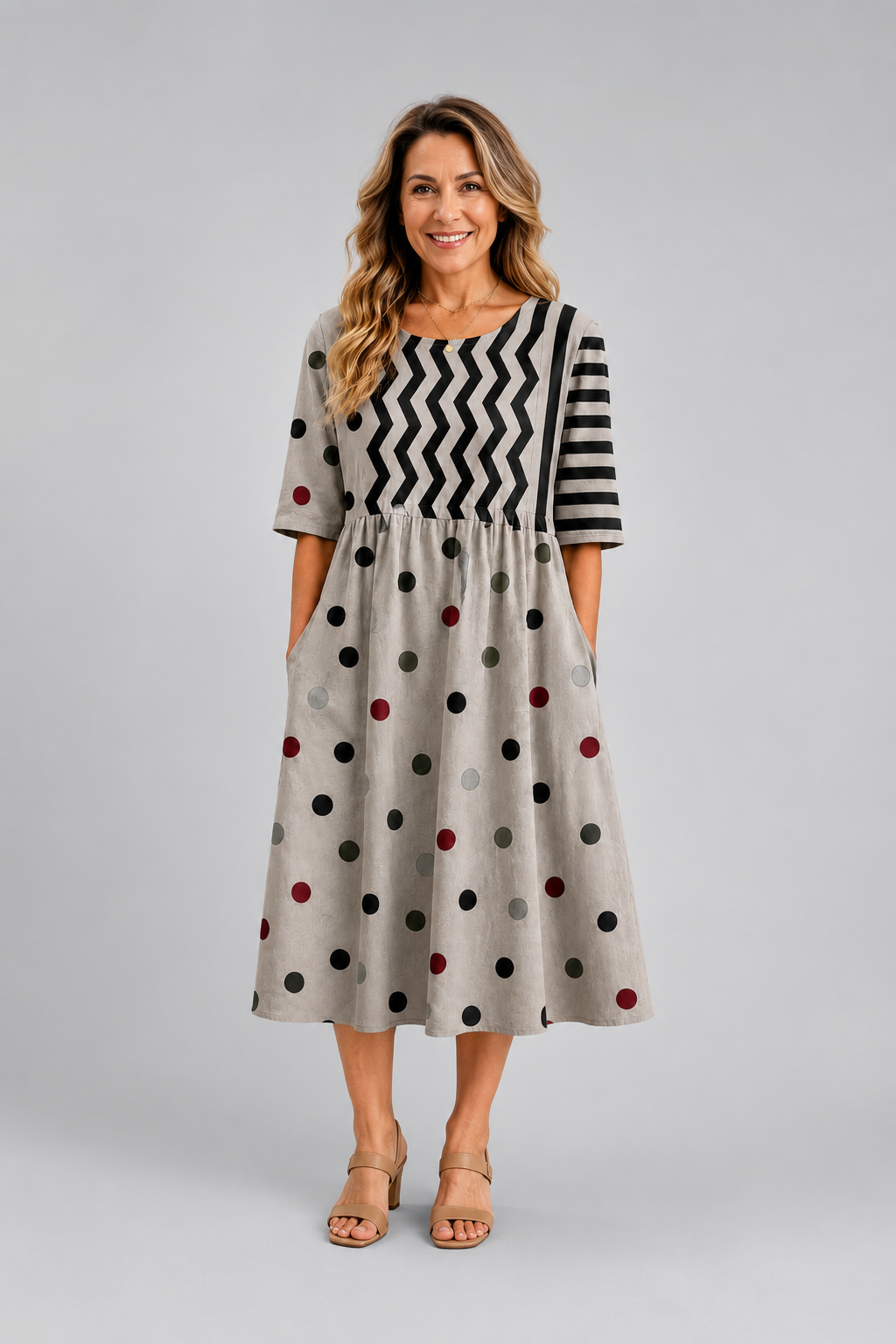 Modern Charm Mixed Print Pocket Midi Dress