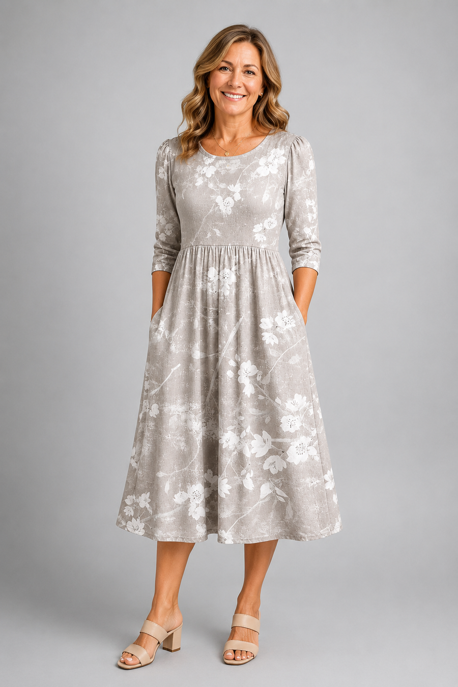 Silver Blossom Grace Pocket Midi Dress