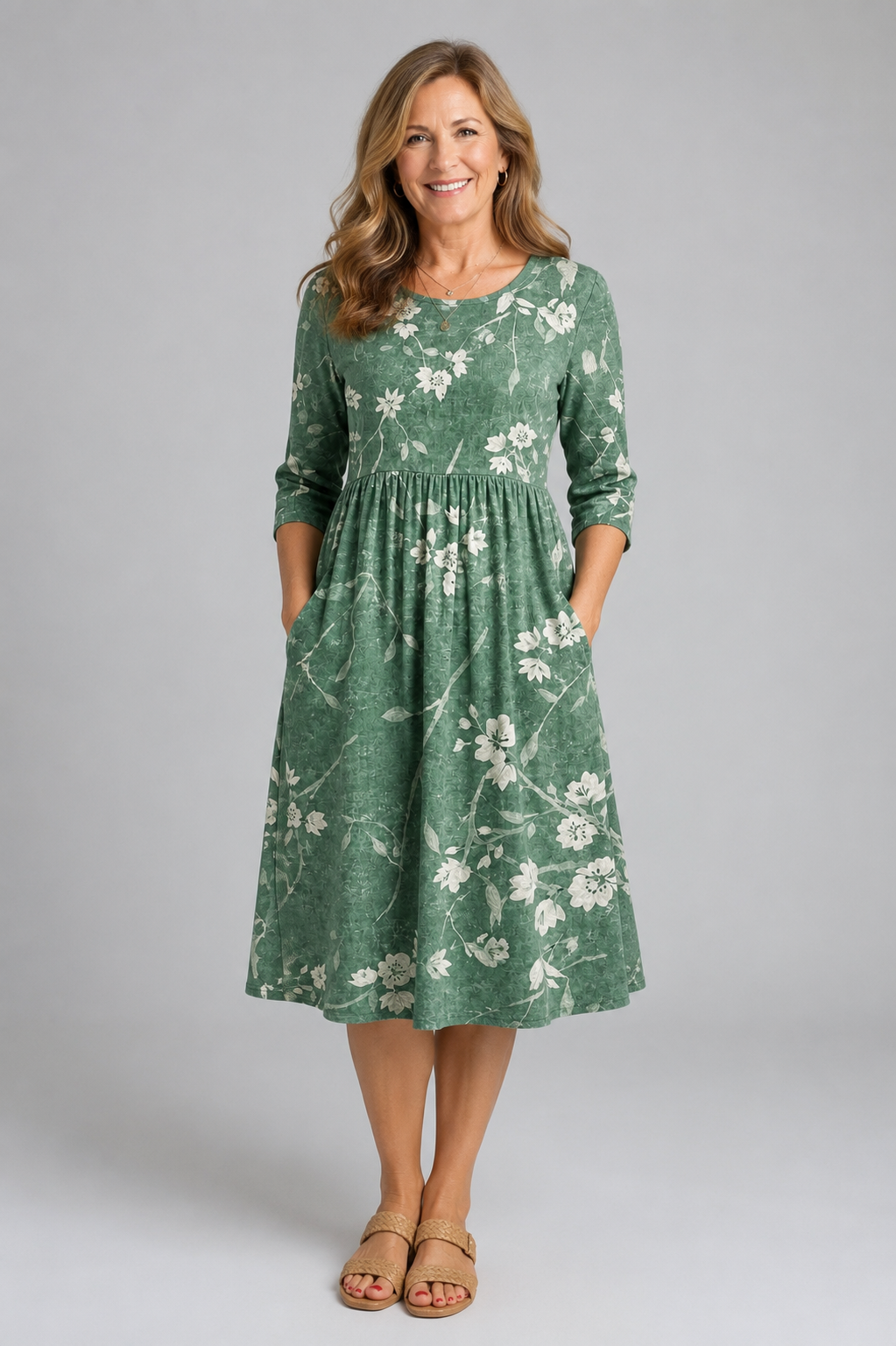 Evergreen Bloom Relaxed Pocket Midi Dress