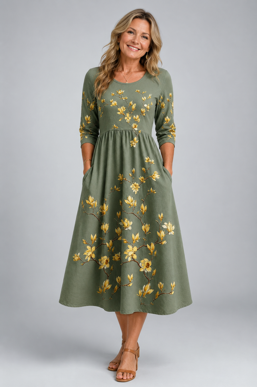 Sage Blossom Grace Pocket Midi Dress