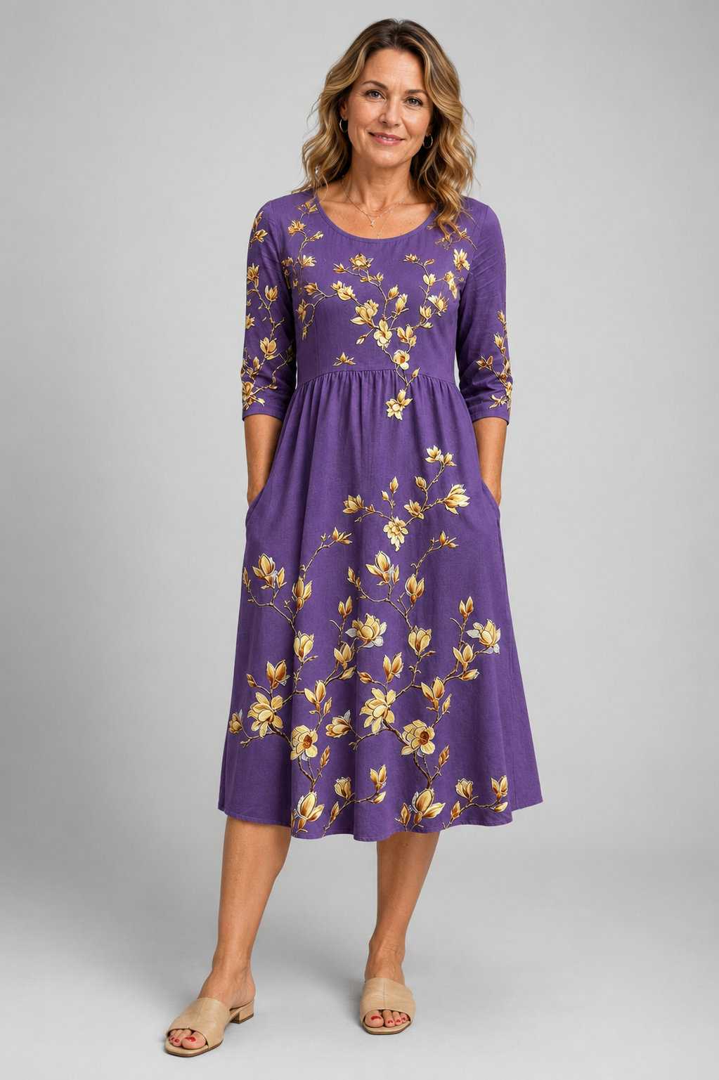 Golden Magnolia Charm Pocket Midi Dress