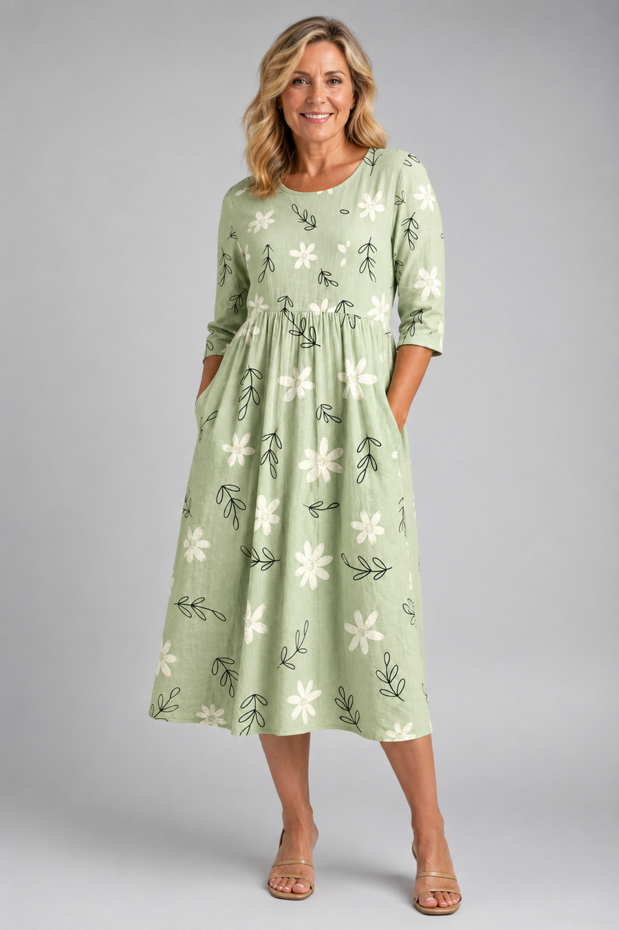Sage Blossom Everyday Pocket Midi Dress