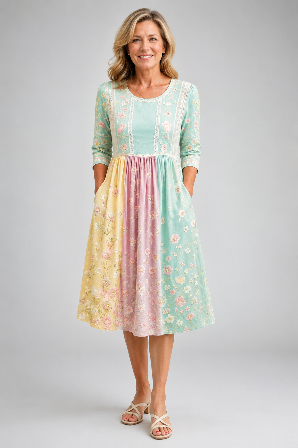 Spring Blossom Patchwork Pocket Midi Dress