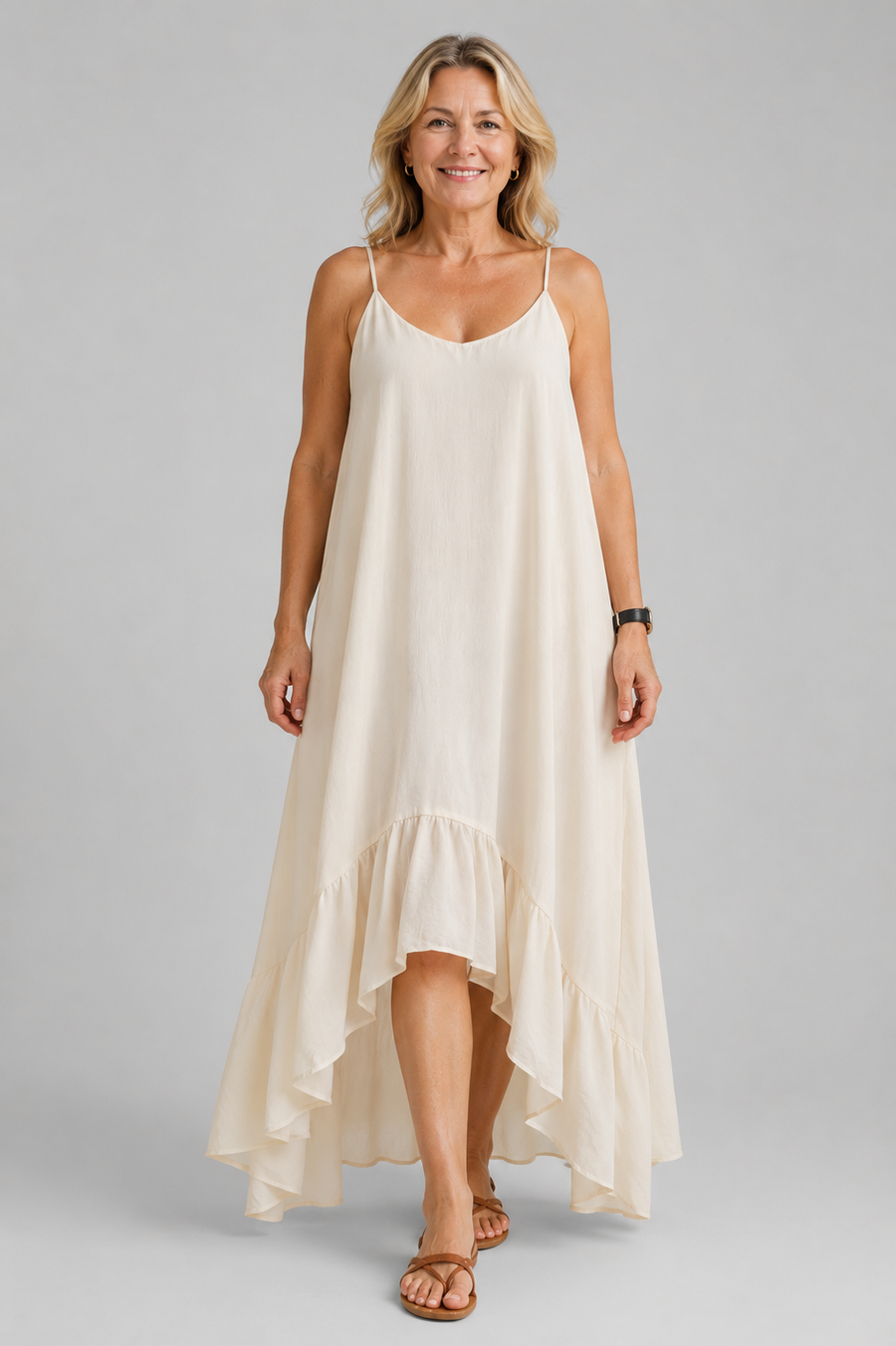 Long chiffon dress with straps and asymmetric hem