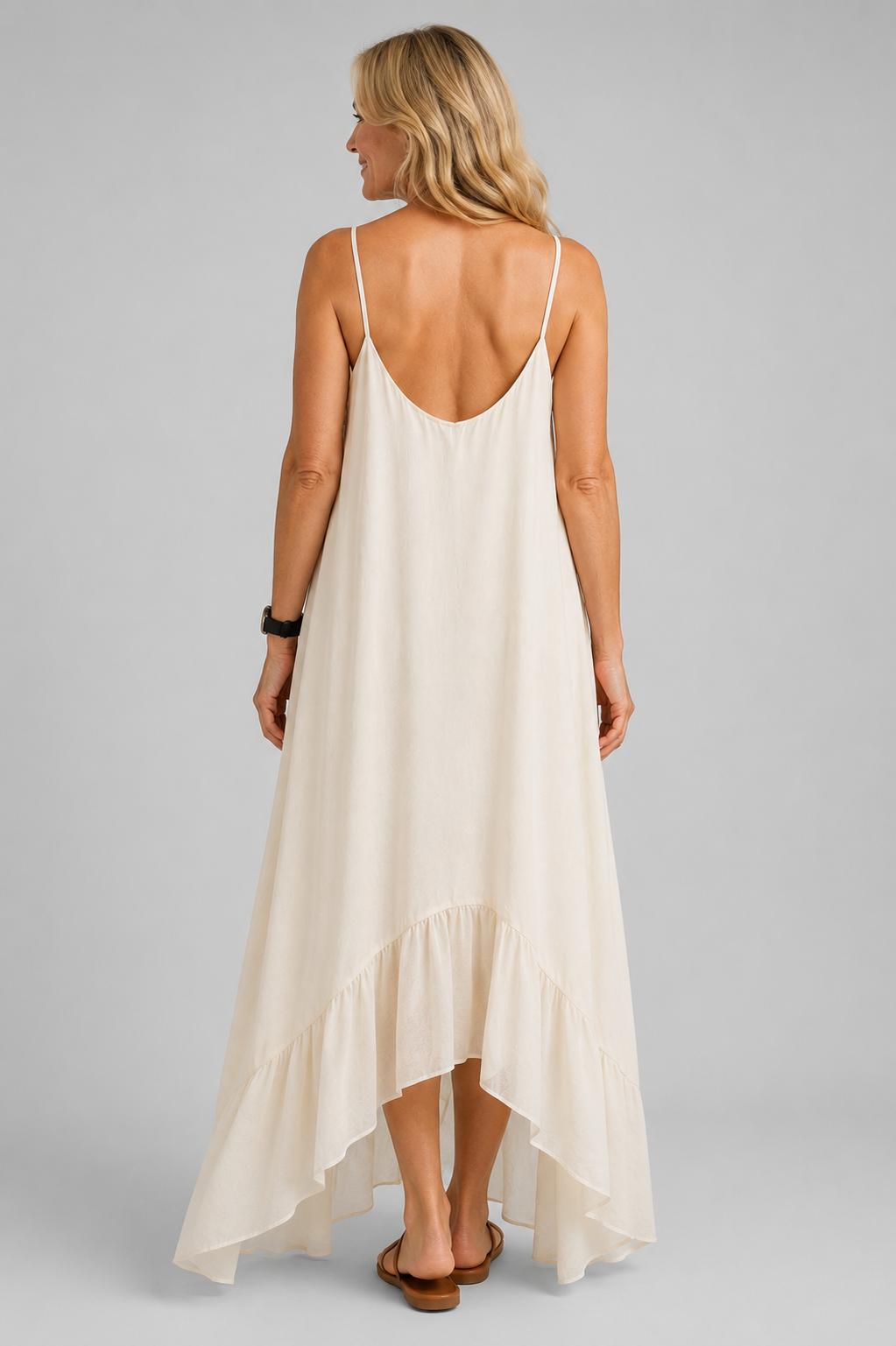 Long chiffon dress with straps and asymmetric hem