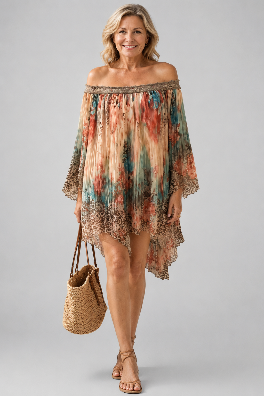 Pleated dress with bardot neckline and floral print