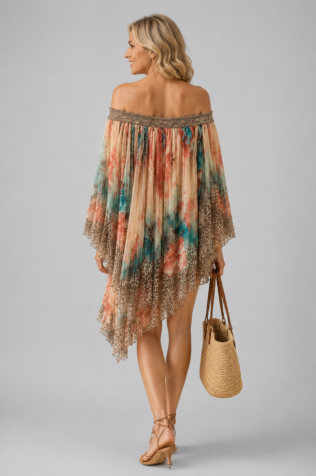 Pleated dress with bardot neckline and floral print