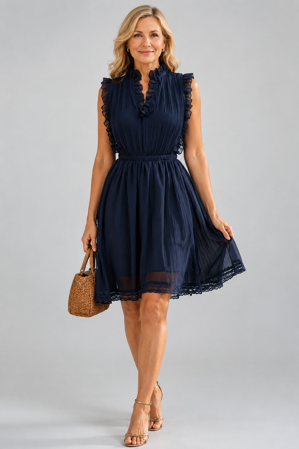 Pleated Mini Dress with Ruffles