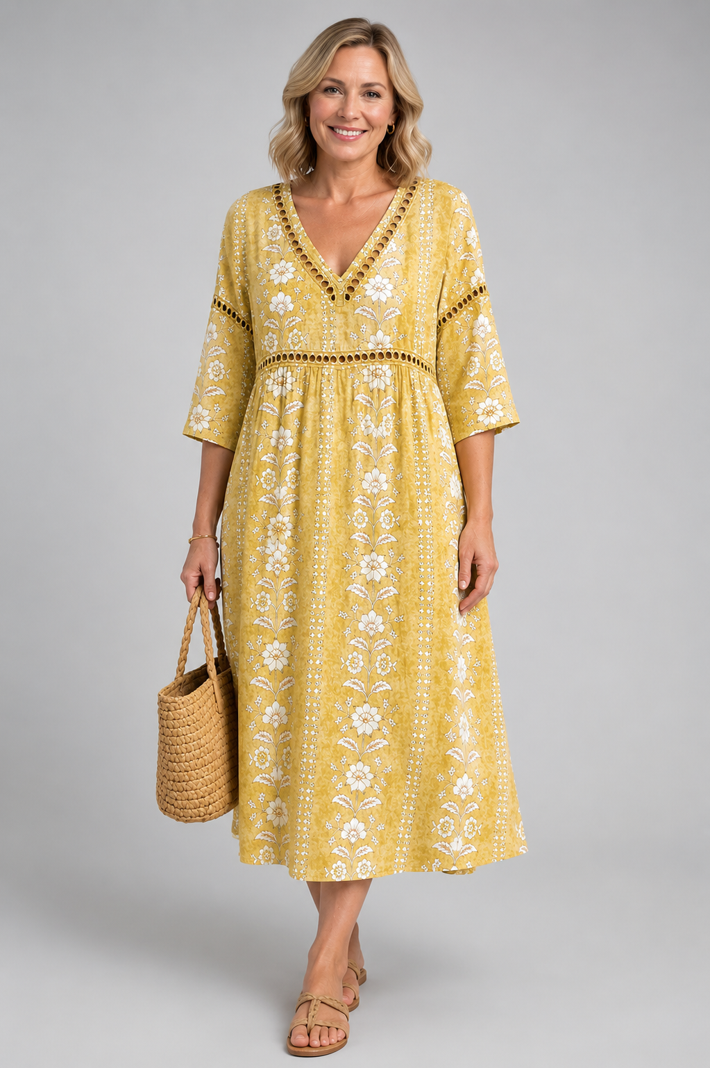 Soft Yellow Floral Midi Dress
