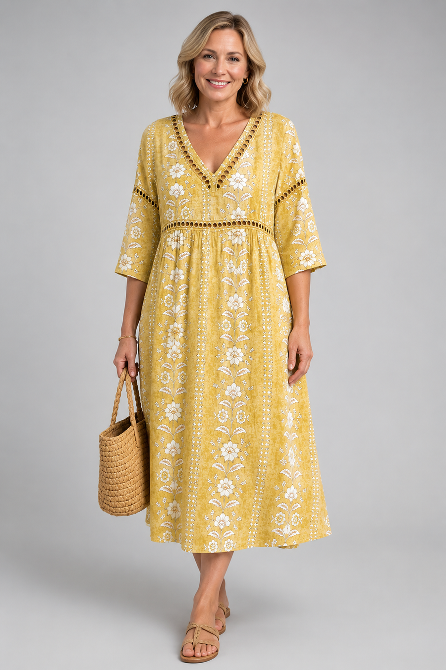 Soft Yellow Floral Midi Dress