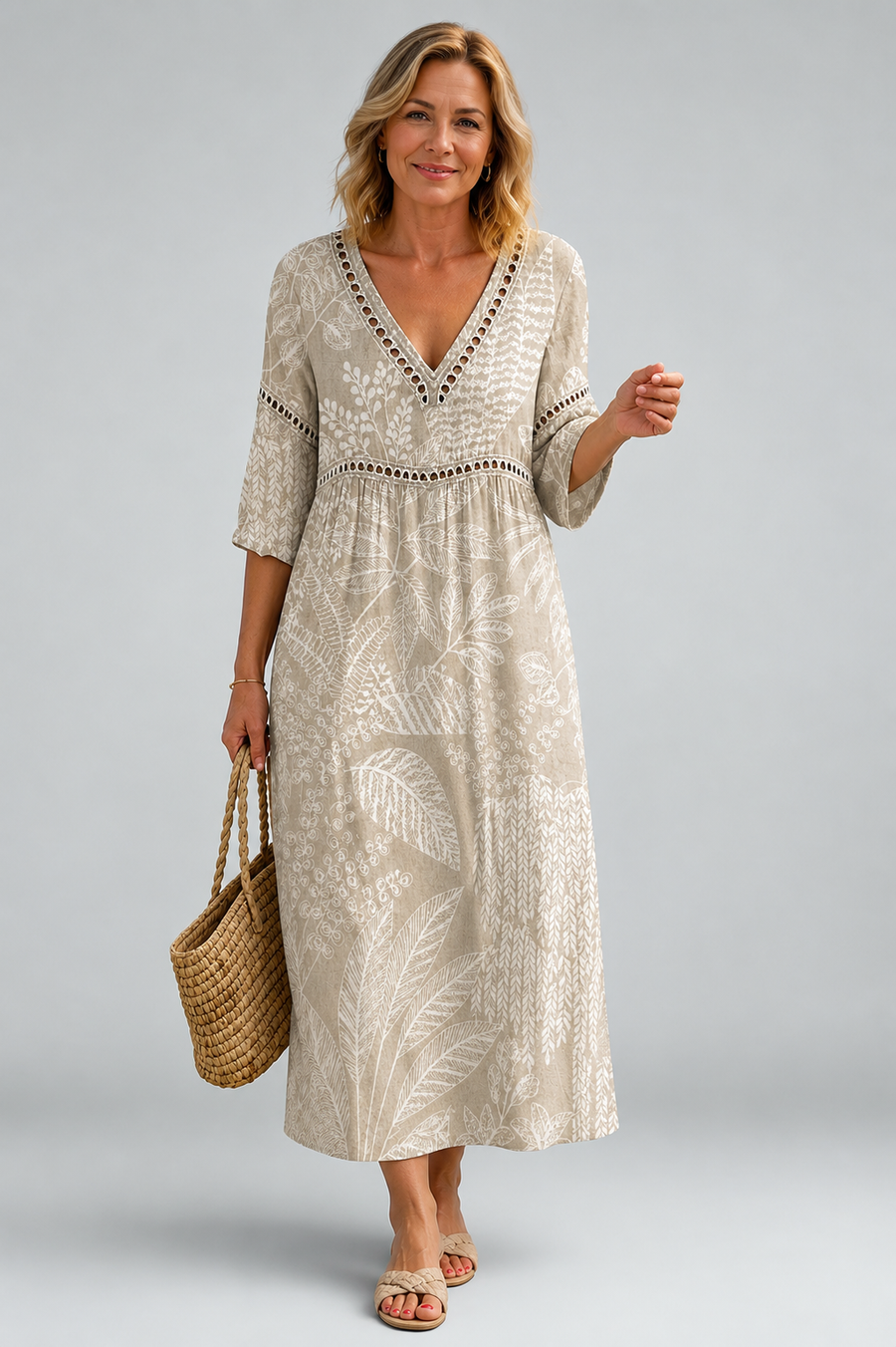 Soft Midi Dress with Natural Leaf Print