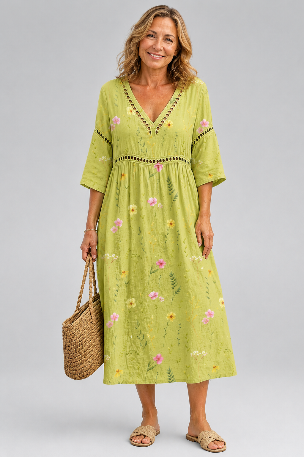 Light Green Midi Dress with Delicate Flowers