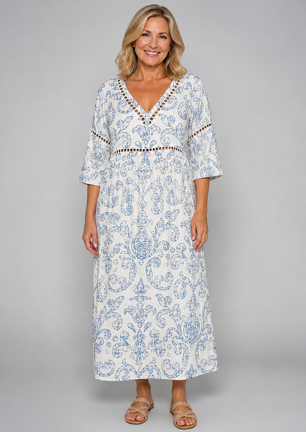 Soft Midi Dress with Classic Blue Pattern