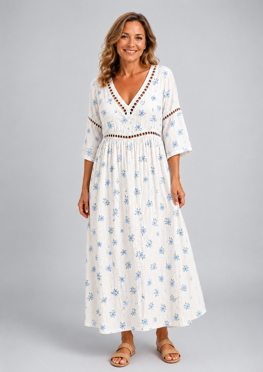 Soft Summer Midi Dress with Small Blue Flowers