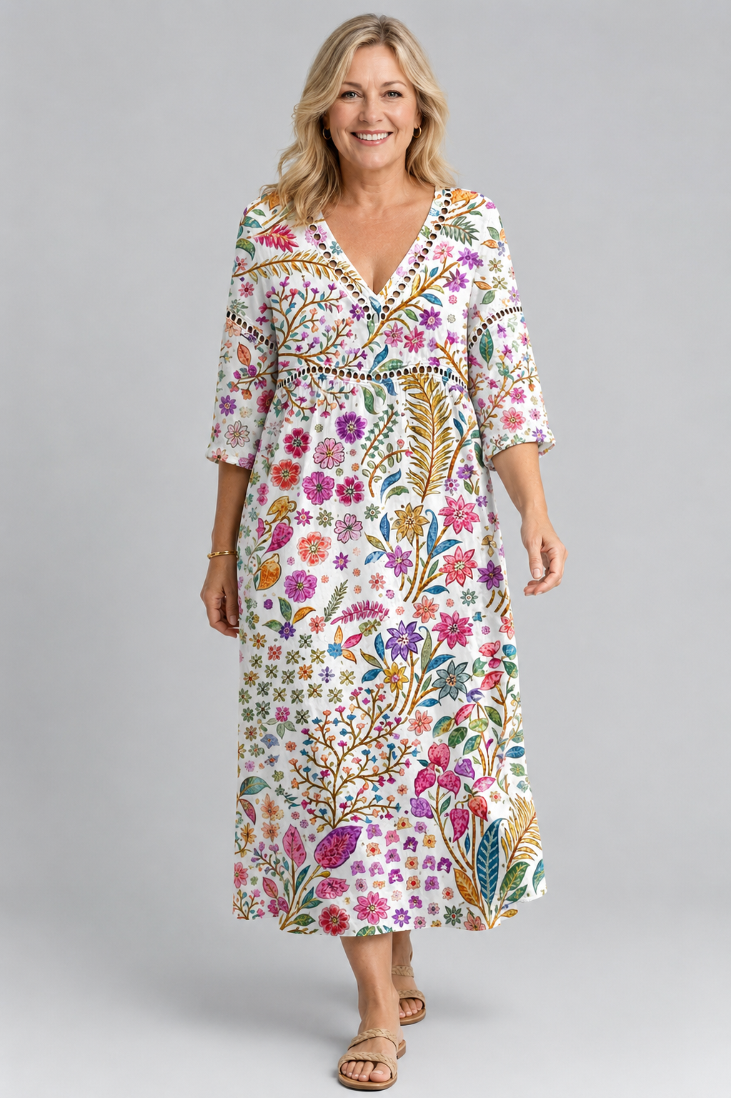 Soft Midi Dress with Elegant Multicolor Floral Pattern