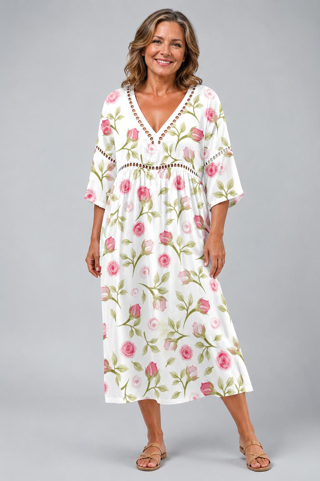 Soft Summer Midi Dress with Rose Print