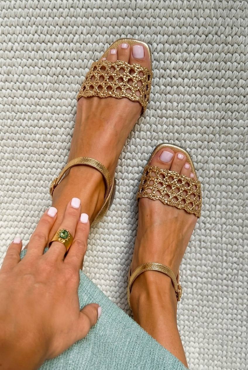 Sandalias bajas elegantes de color dorado metalizado, con diseño trenzado y punta cuadrada