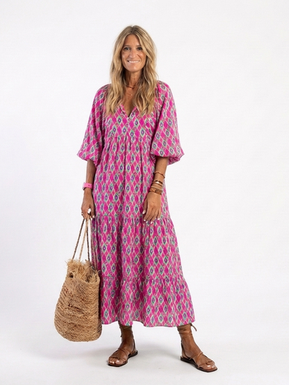 Apolline | Print Three-Quarter Sleeve V-Neck Midi Dress