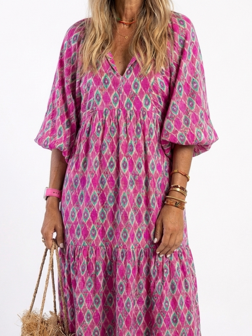 Apolline | Print Three-Quarter Sleeve V-Neck Midi Dress