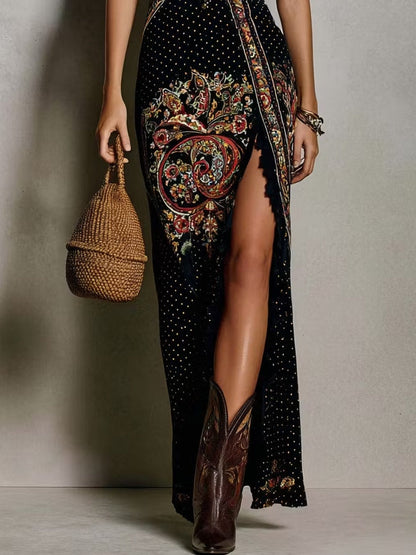 Victoire | Bohemian Print Plunging High-Slit Maxi Dress