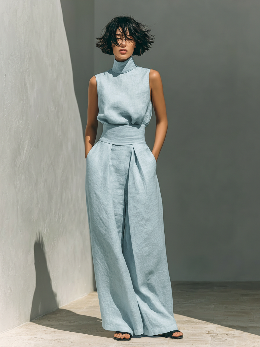 Women's minimalist set in  with sleeveless blouse and wide-leg pants