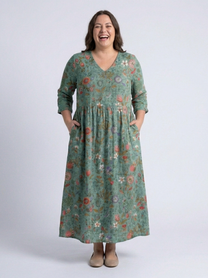 Marina | Floral V-Neck Three-Quarter Sleeve Maxi Dress