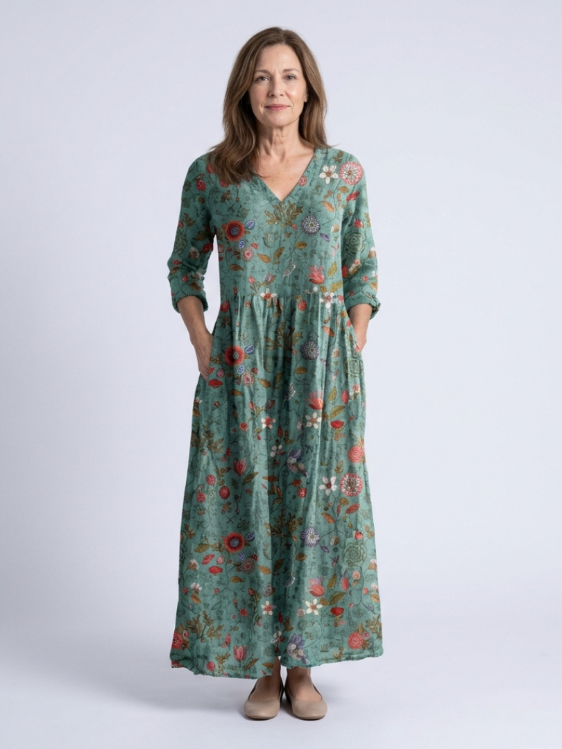 Marina | Floral V-Neck Three-Quarter Sleeve Maxi Dress - women's dress