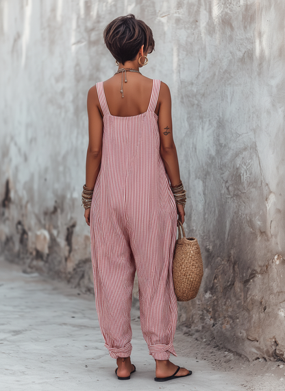 Striped Square-Neck Sleeveless Jumpsuit