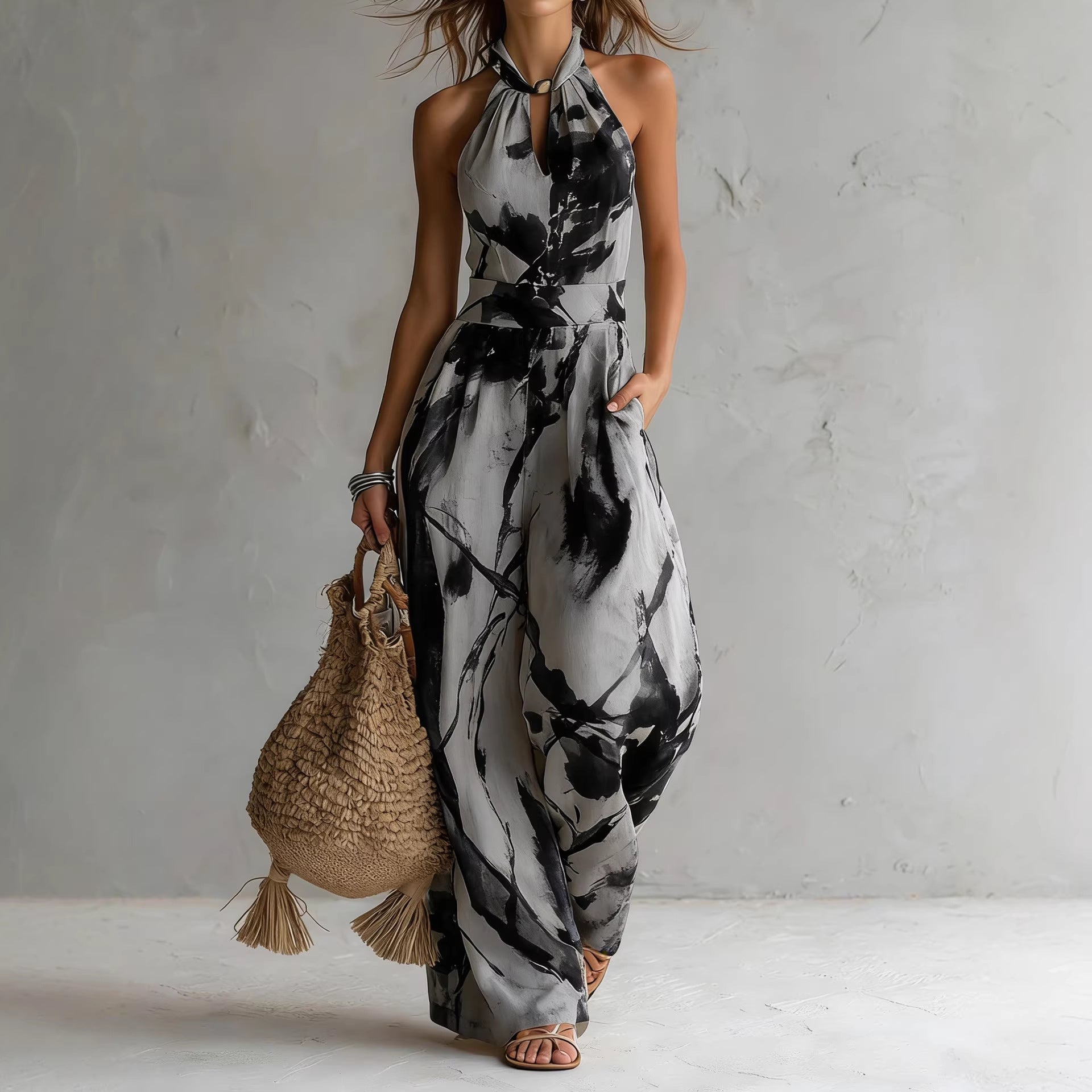 Artistic Print Halter Jumpsuit