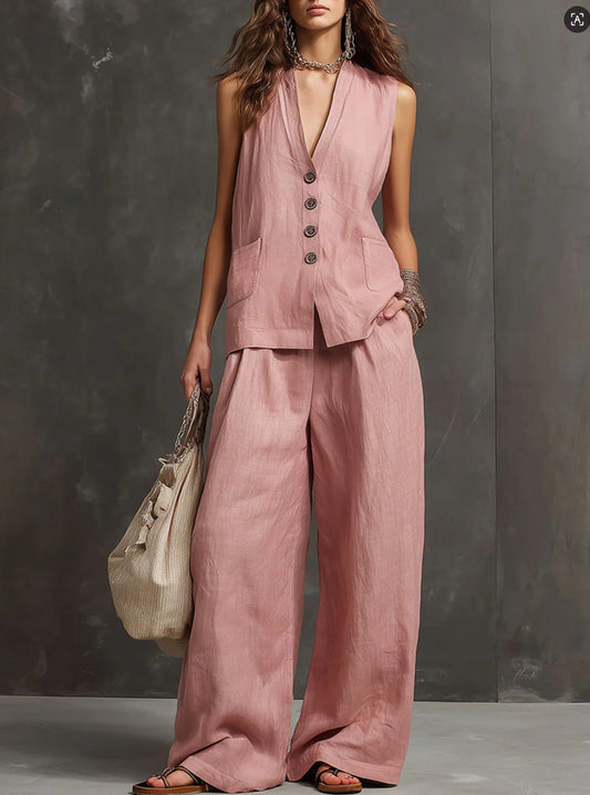 Two-Piece Set in Cotton and Linen with Sleeveless Vest and Wide-Leg Pants